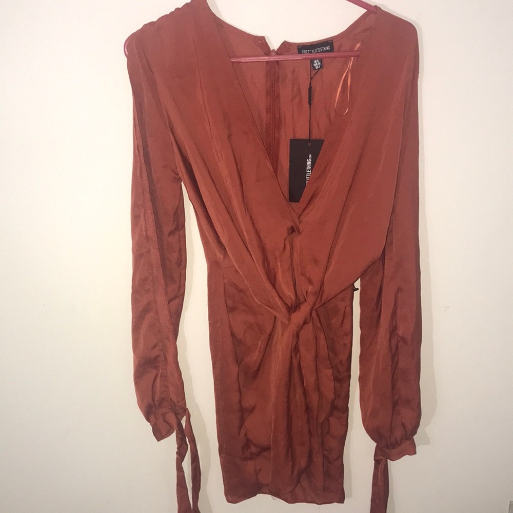 Pretty little thing Rust Tie Front satin Long Sleeve Dress